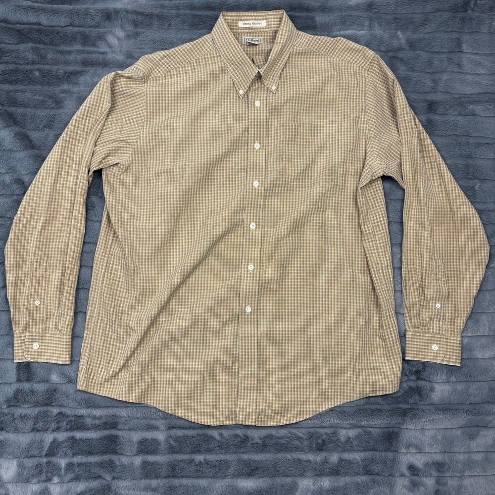 LL Bean Mens XL Regular Wrinkle Resistant Button Down Shirt Tan Plaid 8356